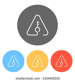 Key in warning triangle. Linear icon with thin outline. One line style. Set of white icons on colored circles