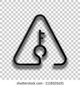 Key in warning triangle. Linear icon with thin outline. One line style. Black glass icon with soft shadow on transparent background