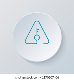Key in warning triangle. Linear icon with thin outline. One line style. Cut circle with gray and blue layers. Paper style