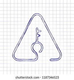Key in warning triangle. Linear icon with thin outline. One line style. Hand drawn picture on paper sheet. Blue ink, outline sketch style. Doodle on checkered background