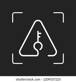 Key in warning triangle. Linear icon with thin outline. One line style. White object in camera autofocus on dark background