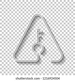Key in warning triangle. Linear icon with thin outline. One line style. White outline sign with shadow on transparent background