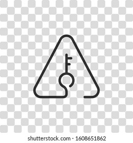Key in warning triangle. Linear icon with thin outline. One line style. Black symbol on transparency grid