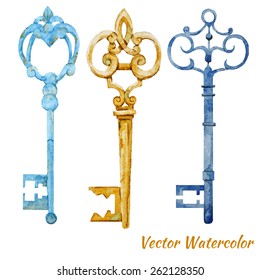 key, watercolor vintage, boho, vector illustration