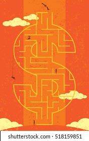 Key to Wealth Maze. Businesswomen looking for the key to wealth in a dollar symbol maze. 