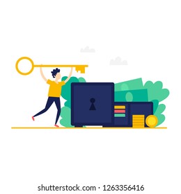 Key to wealth, success, increase wealth. Flat style vector illustration.