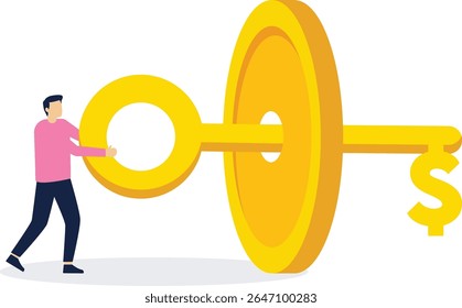 The key to wealth, the key to success, investing money and return on investment, the solution to make money, businessmen take the key to open the gold coins


