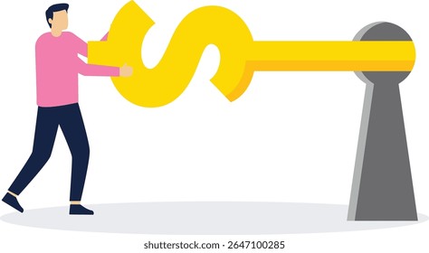 The key to wealth, the key to success, investing money and return on investment, the solution to make money, businessmen take the key to open the gold coins

