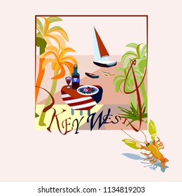 Key West - is an island and city in the Straits of Florida on the North American.Key West is the southernmost city in the United States.Vector image.EPS 8.