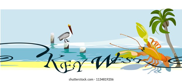 Key West - is an island and city in the Straits of Florida on the North American.Key West is the southernmost city in the United States.Vector image.EPS 8.