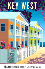 Key West travel poster. Beautiful landscape with houses, beach, palms and sea in the background. Handmade drawing vector illustration.