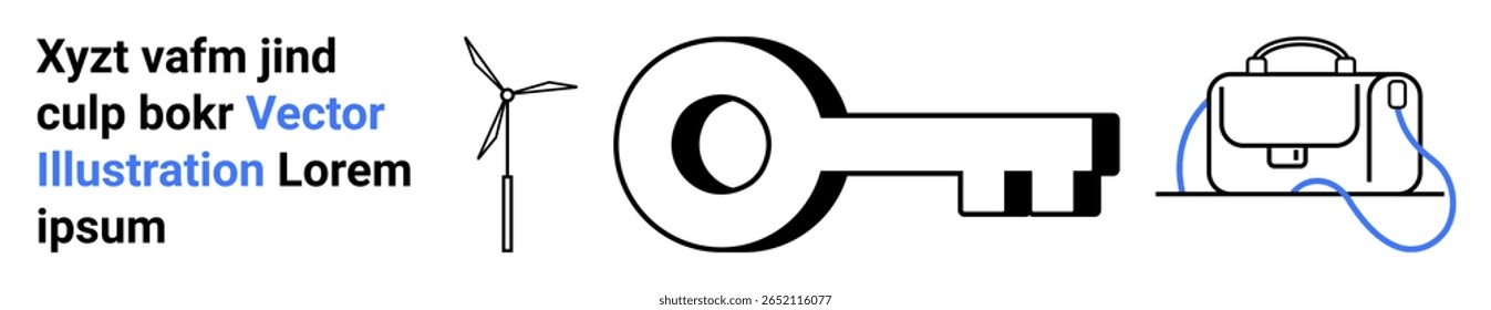 Key, wind turbine, backpack and random text composition. Ideal for renewable energy, security, travel, education, eco-friendly designs, corporate presentations, blogs. Landing page