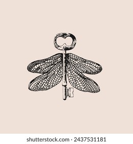 Key with wings. Spot work. Vector hand drawn illustration. Tattoo illustration, modern surreal art.