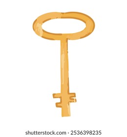 Key for witch rituals. Vector illustration old golden key in cartoon style.