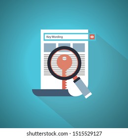 Key wording, SEO key wording process, keyword research, keywords optimization flat vector illustration design. Blue Theme Concept
