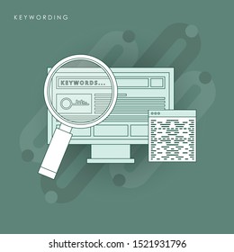 Key wording, SEO key wording process, keyword research, keywords optimization flat vector illustration design. Concept of line icon with green theme
