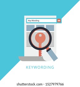 Key wording, SEO key wording process, keyword research, keywords optimization flat vector illustration design. Concept of flat icon