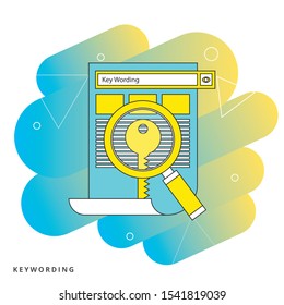 Key wording, SEO key wording process, keyword research, keywords optimization flat vector illustration design.