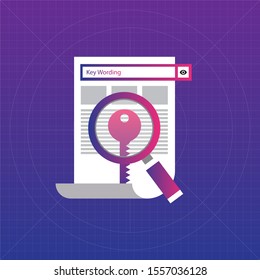 Key wording, SEO key wording process, keyword research, keywords optimization flat vector illustration design.