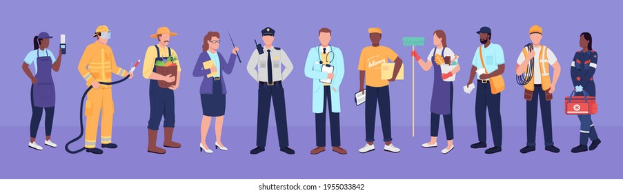 Key workers flat color vector faceless characters. Work staff. Diverse employees. Medical worker, farmer, teacher. Essential service isolated cartoon illustration for web graphic design and animation