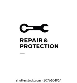 Key with wrench repairs and protection logo icon sign symbol poster banner design concept