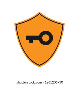 Key and yellow shield. Vector icon.