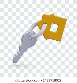 Key with yellow tag in shape of residential building. Turnkey construction symbol