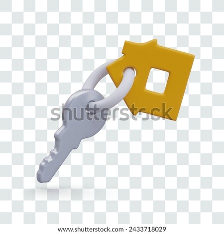 Key with yellow tag in shape of residential building. Turnkey construction symbol
