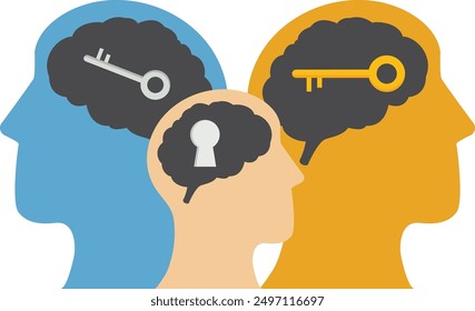 Key to your mind and understanding other people and to mental health. Human head with keyhole. Flat vector illustration.

