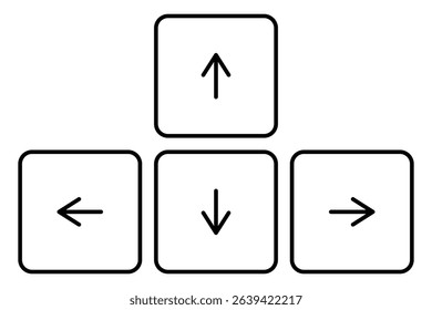 Keyboard arrow keys vector icon. Directional navigation buttons for gaming, interface control, or computer design. Black outline illustration on white background.