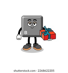 keyboard B key mascot illustration giving a gift , character design