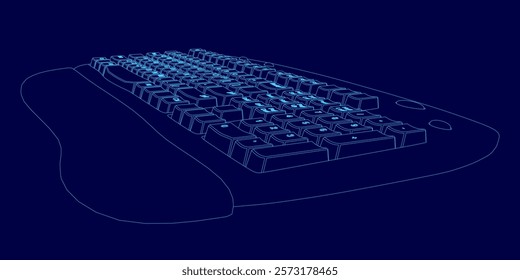 Keyboard with a blue background. The keyboard is made up of many dots. The keyboard is not real, but it looks like a real keyboard