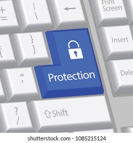 keyboard, blue enter key with protection word and padlock