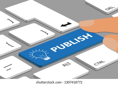Keyboard With Blue Publish Button And Light Bulb - Computer Or Laptop With Fingers - Vector Illustration