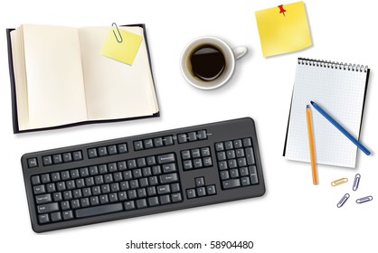 Tastatur-, Buch- und Bürobedarf. Vektorgrafik.