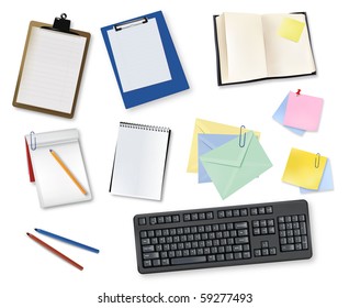Keyboard, book and office supplies. Vector.