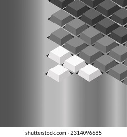Keyboard button 3 colors White, gray and black are arranged in 3 rows. on a shiny metal surface.