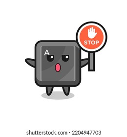 keyboard button character illustration holding a stop sign , cute design
