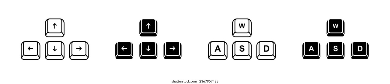 Keyboard button icon set. Arrow key keyboard. Button arrow and WASD set icon. Vector illustration.