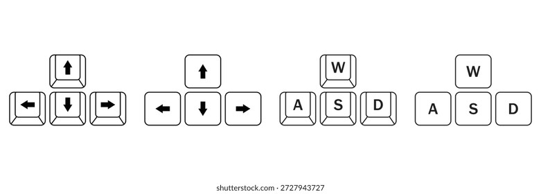 Conjunto de iconos de Botón de teclado, teclas de flecha y símbolos de entrada de juegos WASD, pictograma de clave de computadora 
Colección de Vector