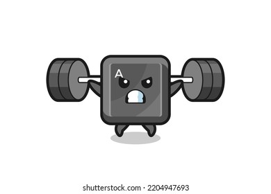 keyboard button mascot cartoon with a barbell , cute design