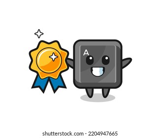 keyboard button mascot illustration holding a golden badge , cute design