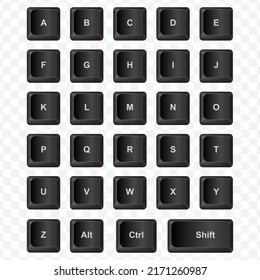 Keyboard-Taste, Vektorgrafik von Alphabet auf dunklem und transparentem Hintergrund (PNG).