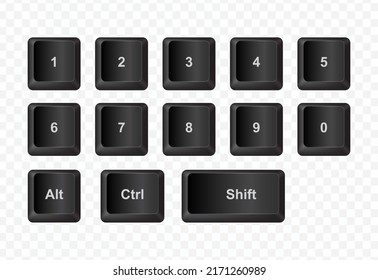 Keyboard Button, Vector illustration of Numbers on dark color and transparent background (PNG).