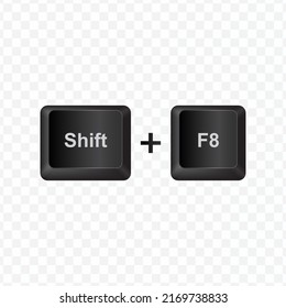 Keyboard Button, Vector illustration of shortcut Shift F8 on dark color and transparent background (PNG).