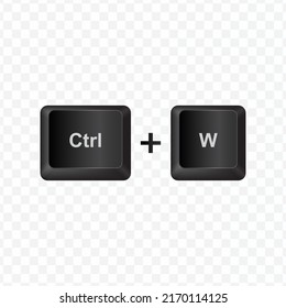 Keyboard Button, Vector illustration of shortcut Ctrl and W on dark color and transparent background (PNG).