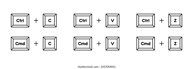 Botones de teclado para copiar, pegar, cortar, atajos pasados conjunto de iconos vectoriales. Ctrl C, Ctrl V, Ctrl Z, Cmd C, Cmd V, Cmd Z teclas de método abreviado para copiar y pegar teclas de teclado. Símbolos de prensa lineales