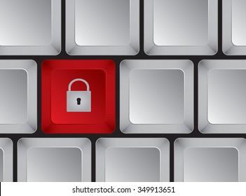 Keyboard buttons. One of them is red with lock. Vector illustration