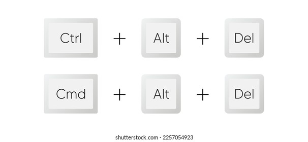 Juego de iconos vectoriales de botones de teclado. Ctrl Alt Del, Cmd Alt Del símbolo de teclas de método abreviado. Imagen de teclado realista