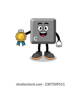 keyboard C key cartoon illustration with satisfaction guaranteed medal , character design